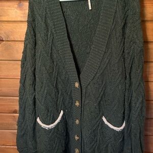 Free People Montana Deep Green Cable Knit Cardigan Size M